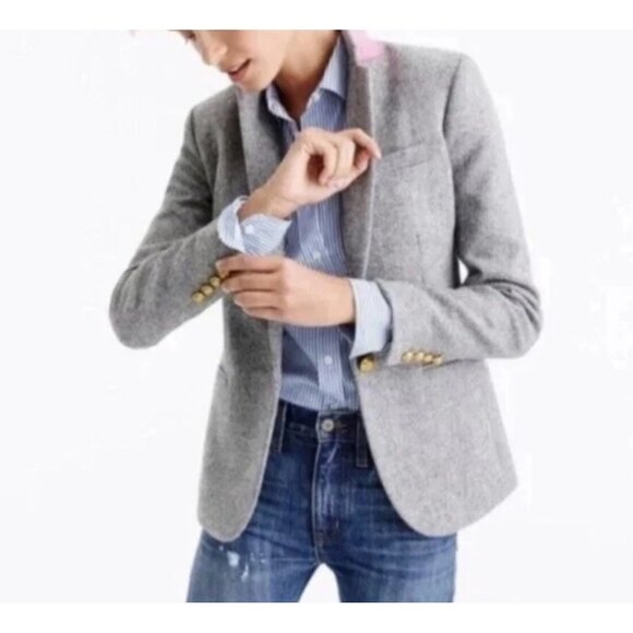 J Crew Mercantile Blazer womens Size 16 Gray Wool Blend Jacket Gold Crest Button - Picture 1 of 9